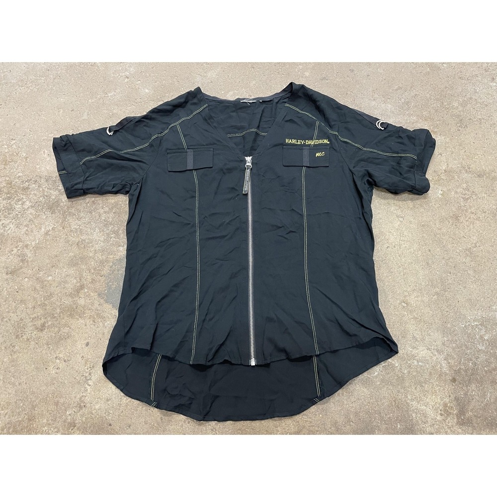 Harley-Davidson Shirt Mens Medium Black Twill Full Zip V-Neck Workwear Biker MC